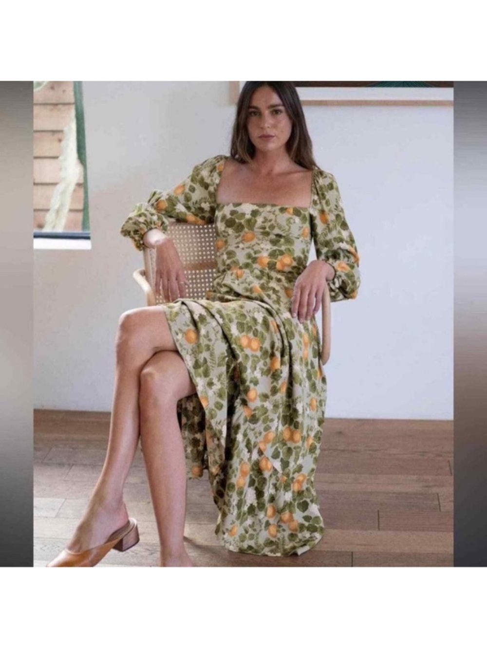 Reformation Mica Orange Grove Olive Green & Orange Floral Square-Neck Midi Dress
